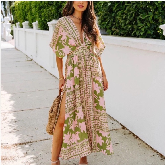 Vici Dresses & Skirts - Vici Olive and Pink Floral Maxi Dress